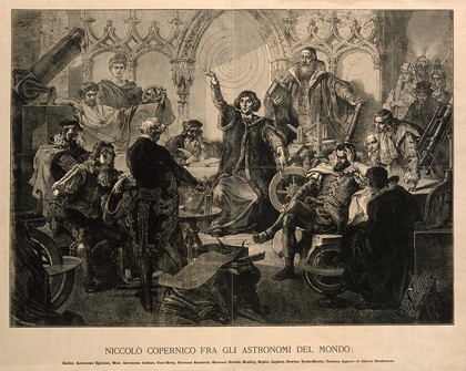 Nicolas Copernicus among other astronomers of the world. Process print after a wood engraving by J. Styfi and J. Holewinski, 18--, after M.E. Andirolli, 1873.