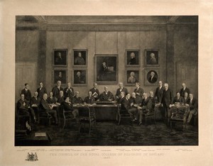 view A meeting of the Council of the Royal College of Surgeons in the Council Chamber, 1927. Photogravure, after M. Ayoub, 1927.