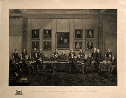 A meeting of the Council of the Royal College of Surgeons in the Council Chamber, 1927. Photogravure, after M. Ayoub, 1927.