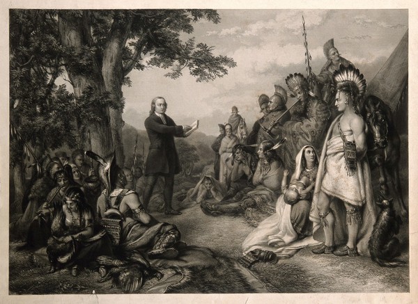 John Wesley preaching to native Americans. Engraving.