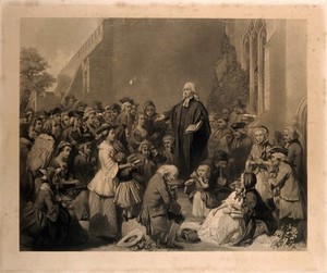 view John Wesley preaching outside a church. Engraving.