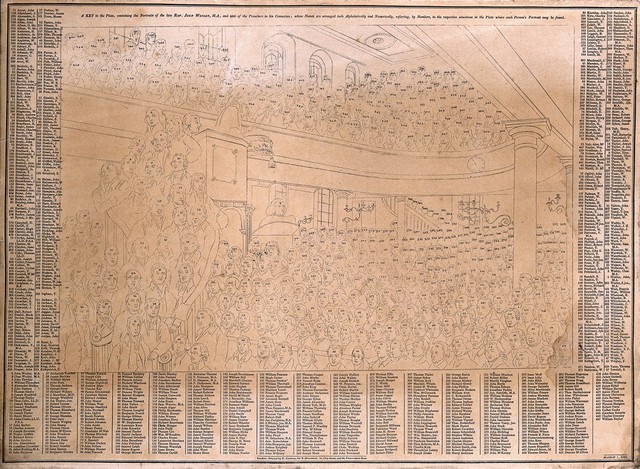 John Wesley preaching in a large church. Engraving, 1823.