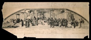 view School of Medicine, Paris: a mural in the amphitheatre showing fifty-six prominent medical men in a neo-classical setting. Lithograph by N. Legrand, 1908, after U. Bourgeois, 1895.