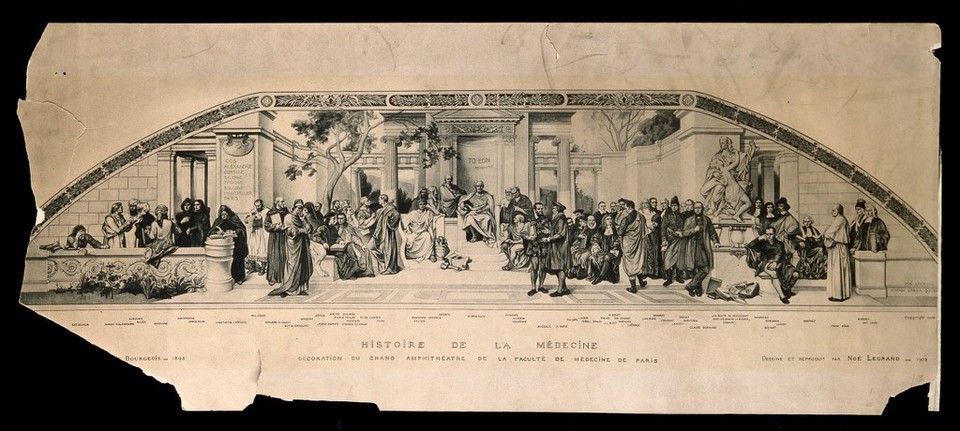 School of Medicine, Paris: a mural in the amphitheatre showing fifty-six prominent medical men in a neo-classical setting. Lithograph by N. Legrand, 1908, after U. Bourgeois, 1895.