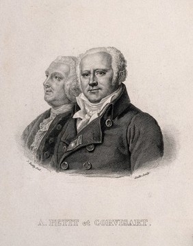 Antoine Petit (left) and Jean-Nicolas, Baron Corvisart (right). Line engraving by A.F.B. Geille after J.-L. Boilly.