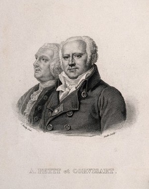 view Antoine Petit (left) and Jean-Nicolas, Baron Corvisart (right). Line engraving by A.F.B. Geille after J.-L. Boilly.