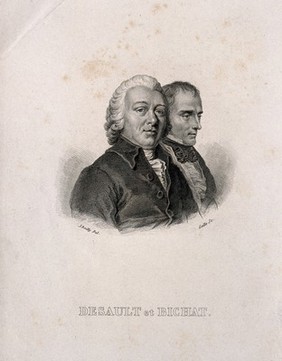 Pierre-Joseph Desault (left) and Xavier Bichat (right). Line engraving by A.F.B. Geille after J.-L. Boilly.