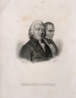 view Pierre-Joseph Desault (left) and Xavier Bichat (right). Line engraving by A.F.B. Geille after J.-L. Boilly.