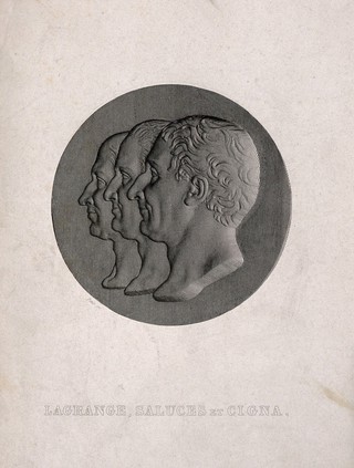 J.-L. Lagrange, Saluces and G. F. Cigna. Line engraving by Petit.