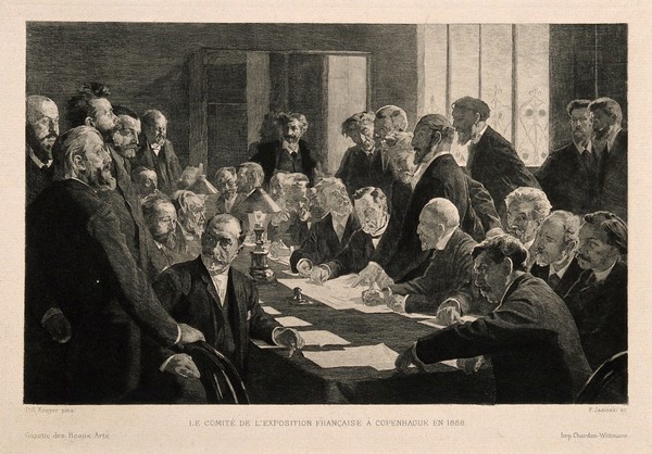 Members of the French exhibition committee meeting in Copenhagen. Engraving by F. Jasinski after P. S. Kroyer, 1888.