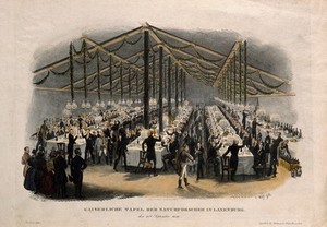 view Scientists of the Austrian Empire at a large banquet in a tent, drinking a toast. Coloured lithograph by F. Wolf after J.N. Höchle, 1832.