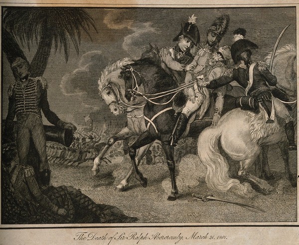The fatal wounding of Sir Ralph Abercrombie at Alexandria, 1801. Line engraving.