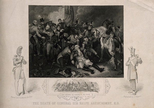 The fatal wounding of Sir Ralph Abercrombie at Alexandria. Line engraving by J. Rogers after T. Stothard.