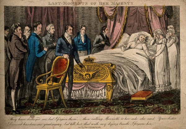 The death bed of Queen Caroline. Coloured etching, 1827.
