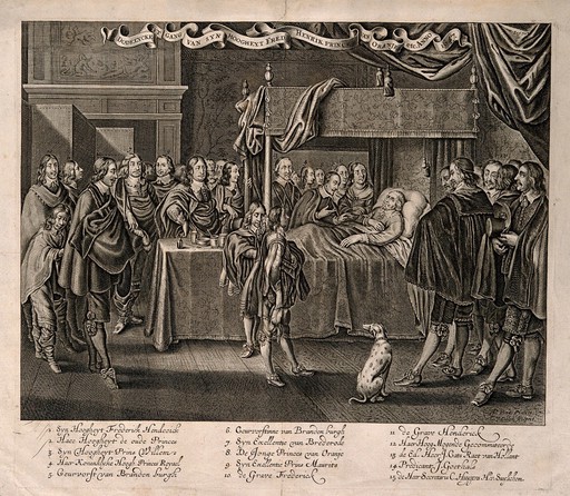 The deathbed of Frederik Henrik, Prince of Orange at Delft in 1647. Engraving by C. van Dalen after R. de Hooghe.