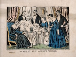 view The death of President Andrew Jackson in Washington, 1845. Coloured lithograph.