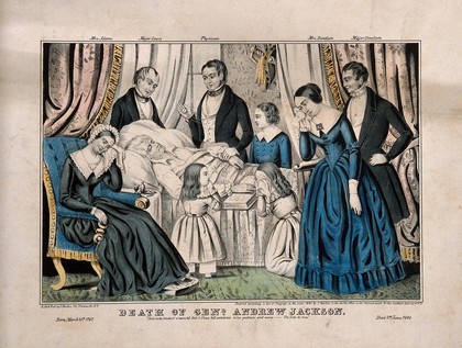 The death of President Andrew Jackson in Washington, 1845. Coloured lithograph.