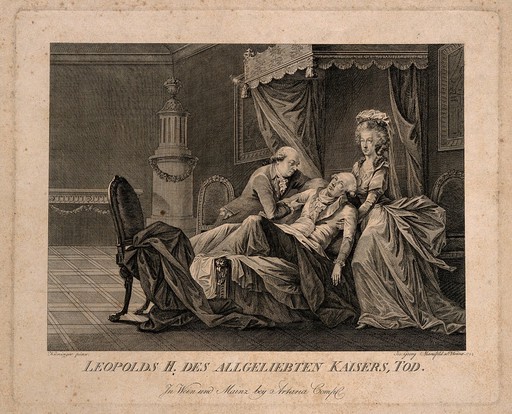 The death of Kaiser Leopold, his wife and a physician in attendance. Engraving by J.G. Mansfeld, 1792, after Kieninger.