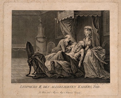 The death of Emperor Leopold II, his wife and a physician (?) in attendance. Engraving by J.G. Mansfeld, 1792, after V.G. Kininger.