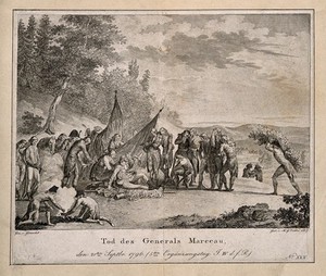 view The death of General Marceau, during the retreat at Altenkirchen, 1796. Line engraving by M.G. Eichler, 1817, after A.-L. Giradet.