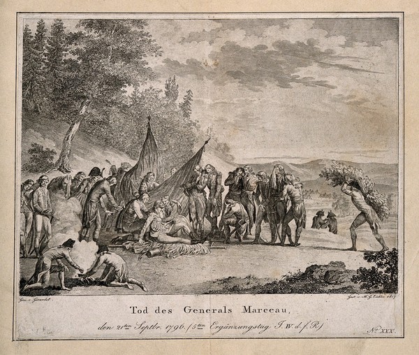 The death of General Marceau, during the retreat at Altenkirchen, 1796. Line engraving by M.G. Eichler, 1817, after A.-L. Giradet.