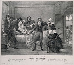 view The death of André Mazet. Reproduction of a lithograph, 1822.