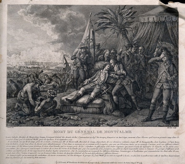 The death of General Montcalm, at Quebec, in the background are soldiers and ships. Engraving by P.A. Martini after F.L. Watteau.