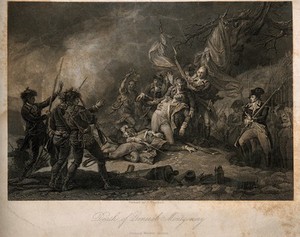 view The death of General Montgomery, at Quebec, all around are soldiers and native Americans. Engraving by J. Thomson after J. Trumbull.