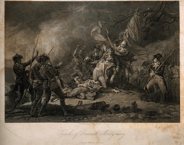 The death of General Montgomery, at Quebec, all around are soldiers and native Americans. Engraving by J. Thomson after J. Trumbull.