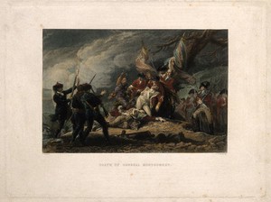 view The death of General Montgomery, at Quebec, all around are soldiers and native Americans. Coloured engraving by J. C. Armytage after J. Trumbull.