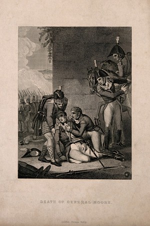 view The death of General Sir John Moore at Corunna: he is supported by a Highlander as Hardinge hastens to help him, in the background more soldiers. Engraving after J. Trumbull.