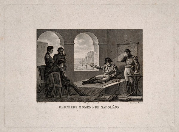 The last moments of Napoleon Bonaparte at St Helena, 1821. Engraving by Bovinet and Couché after Gudin.