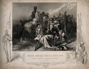 view The death of General Sir Robert Sale on the battlefield. Engraving by J. Rogers after J. Gilbert, 1845.