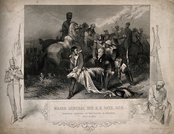 The death of General Sir Robert Sale on the battlefield. Engraving by J. Rogers after J. Gilbert, 1845.