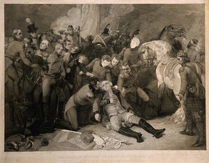 view The battle of Alexandria: Sir Ralph Abercromby (Abercrombie) is wounded in the thigh. Engraving by F. Legat, 1805, after T. Stothard.