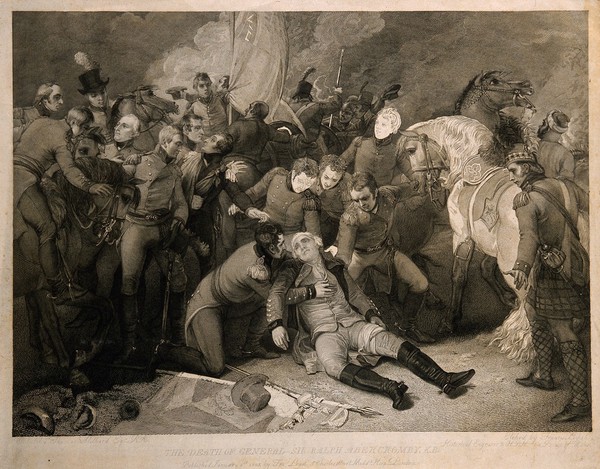 The battle of Alexandria: Sir Ralph Abercromby (Abercrombie) is wounded in the thigh. Engraving by F. Legat, 1805, after T. Stothard.