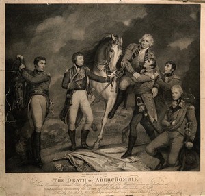 view The battle of Alexandria: Sir Ralph Abercromby (Abercrombie) is wounded in the thigh. Engraving by E. Mitchell, 1805, after J. Northcote.