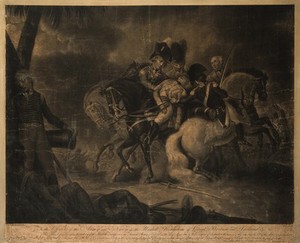 view The battle of Alexandria: Sir Ralph Abercromby (Abercrombie) is wounded in the thigh. Mezzotint by P. Dawe, 180-, after R. Pollard.