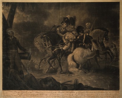 The battle of Alexandria: Sir Ralph Abercromby (Abercrombie) is wounded in the thigh. Mezzotint by P. Dawe, 180-, after R. Pollard.