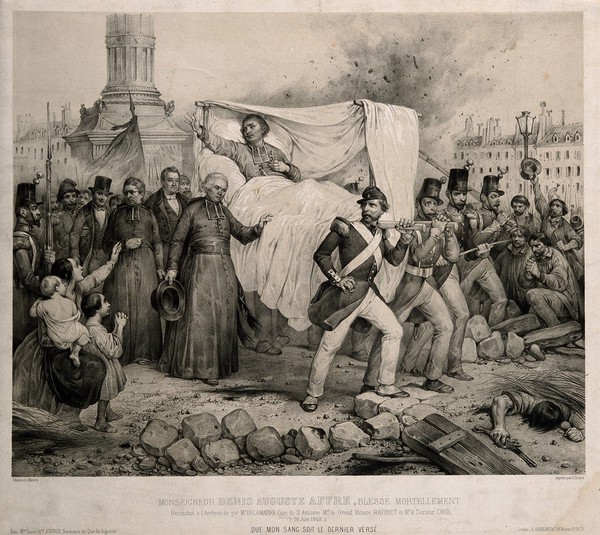 Archbishop Affre, wounded in the June 1848 insurrection, is carried back to his residence to die. Lithograph by V. Adam and A. Maurin, 1848.