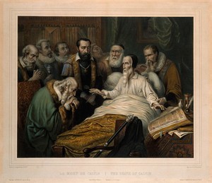 view Jean Calvin on his deathbed, with eight men in attendance. Lithograph by Jacott, 1850.