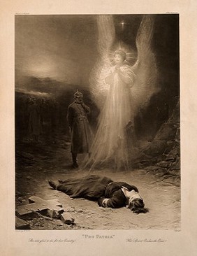 Edith Cavell wearing Red Cross uniform lying dead on the floor as her spirit rises in the form of an angel. Process print after A. Rosell, ca. 1915.