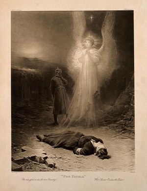 view Edith Cavell wearing Red Cross uniform lying dead on the floor as her spirit rises in the form of an angel. Process print after A. Rosell, ca. 1915.