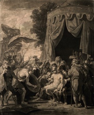 view The death of Epaminondas. Mezzotint by V. Green, 1774, after B. West.