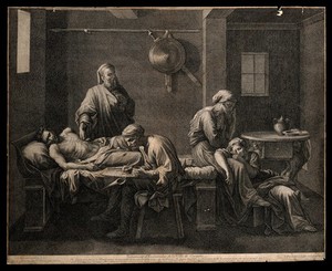 view Eudamidas dictating his will on his deathbed, leaving the care of his mother and daughter to two friends. Engraving by J. Pesne after N. Poussin.