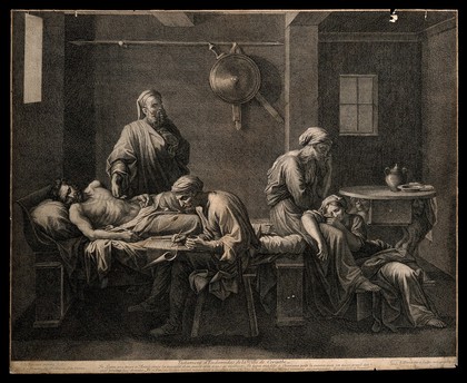 Eudamidas dictating his will on his deathbed, leaving the care of his mother and daughter to two friends. Engraving by J. Pesne after N. Poussin.