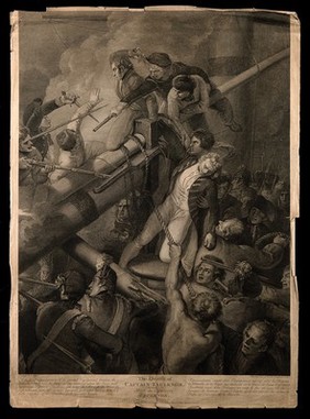 The death of Robert Faulknor: he is shot while lashing the French enemy ship to his own ship. Etching and engraving by W. Bromley and C. Blackberd, 1801, after T. Stothard.