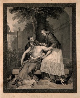 François Fénelon as archbishop of Cambrai bandaging a soldier wounded in the War of Spanish Succession. Engraving by P.C. Baquoy after H. Fragonard.