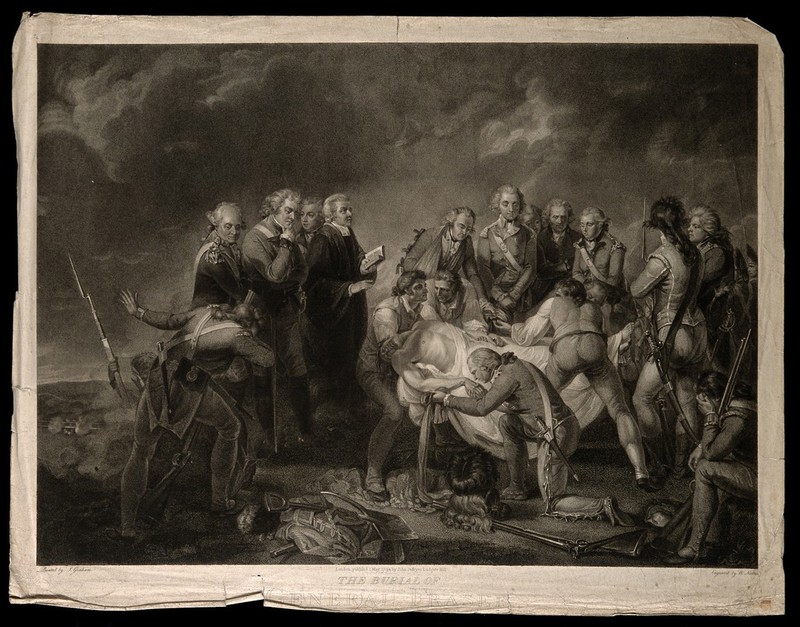 The death of General Simon Fraser at the Battle of Bemis Heights, Saratoga. Stipple engraving by W. Nutter after J. Graham., 1 May 1794, by John Graham