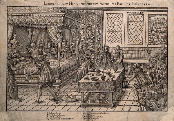 King Henry II of France on his deathbed, with members of the royal family and the royal household in attendance. Woodcut by J. Perrissin, ca. 1570.